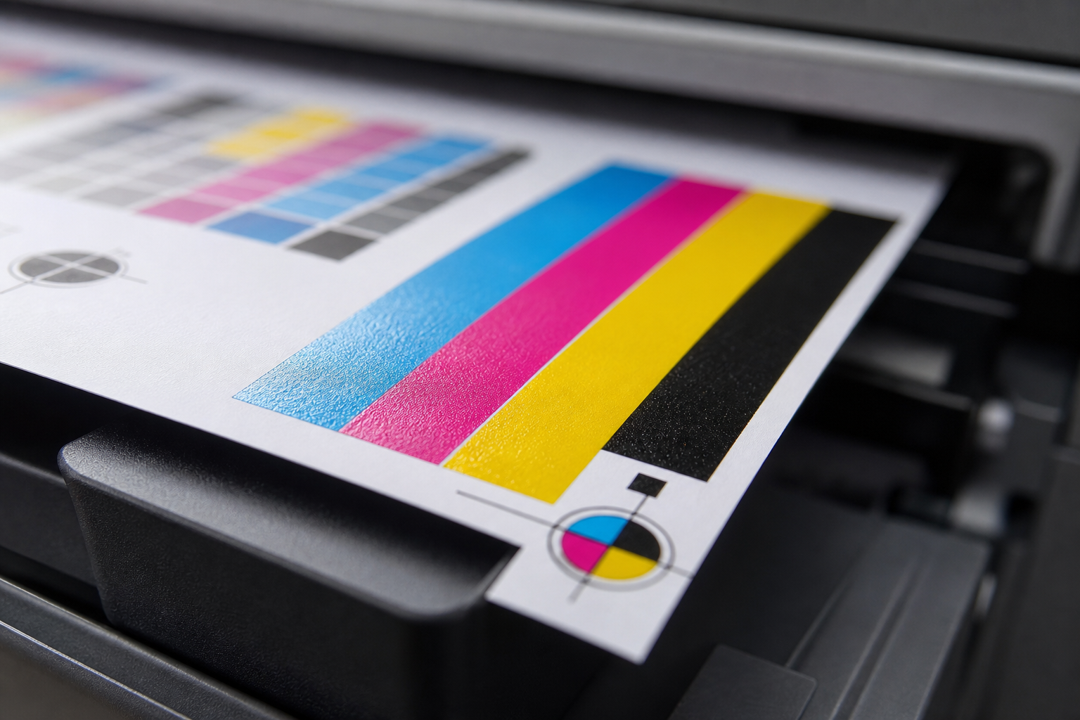 Gros plan d'une mire de test d'impression aux couleurs cyan magenta jaune noir sortant d'une imprimante